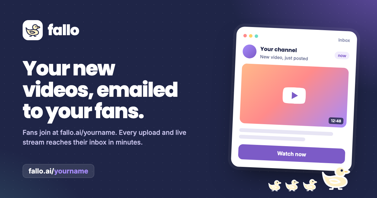 I built fallo: viewers join a YouTuber's email list once, and get every new video (or a weekly round